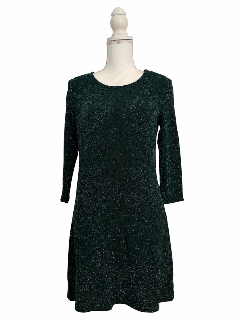 Trixxi Dark Emerald Green Sparkle 3/4 Sleeve A-Line Dress Women’s Large